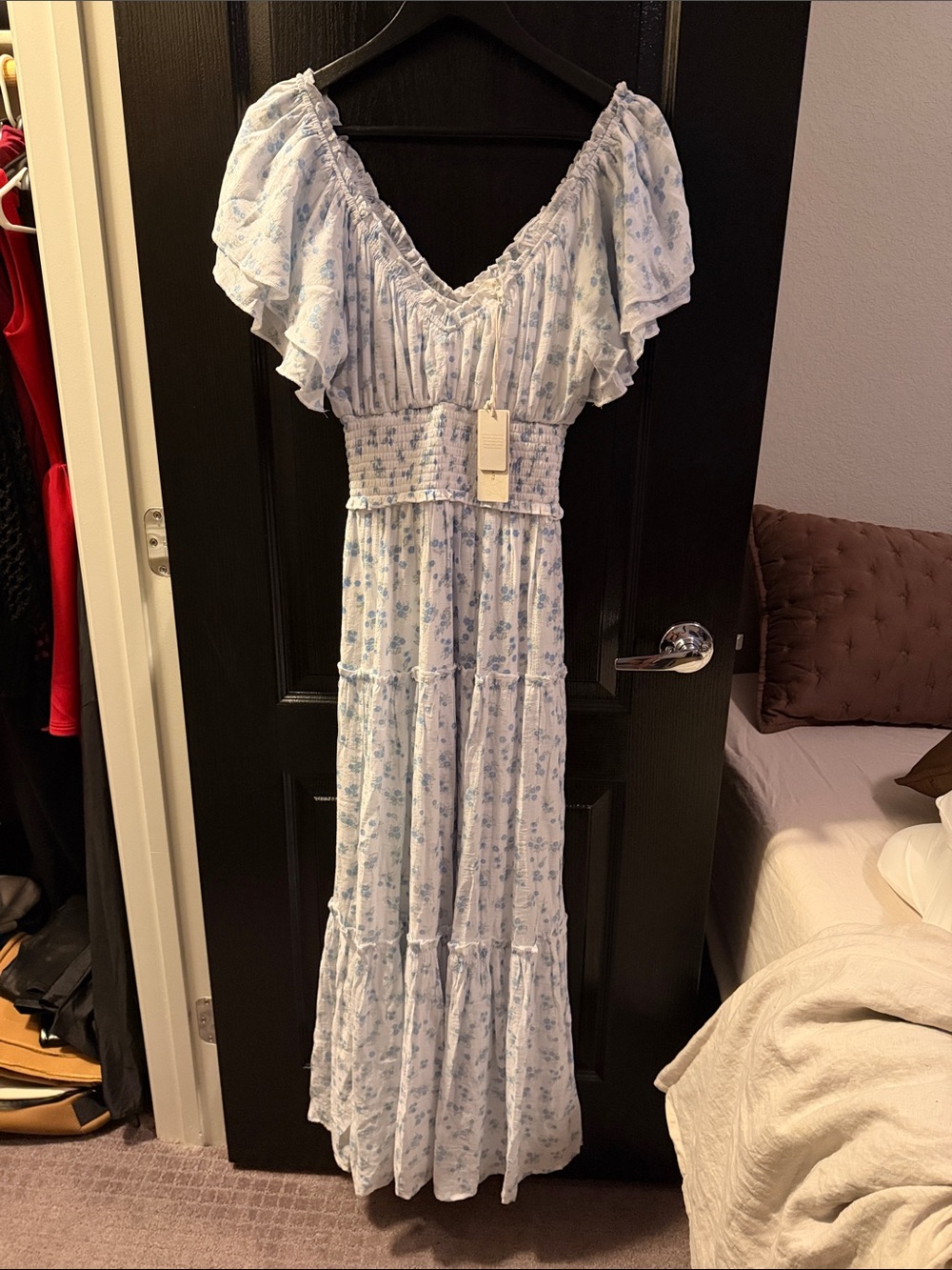 Altar’s State Women’s Light Blue Floral Maxi Dress with Ruffle Sleeves